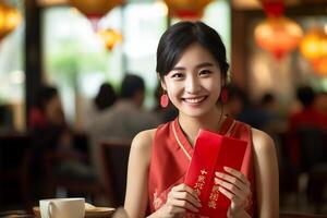 AI generated chinese woman wearing qipao dress and holding aungpao bokeh style background with generative ai photo