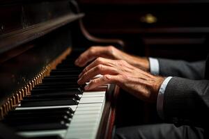 AI generated close up of hands playing the piano bokeh style background with Generated AI photo