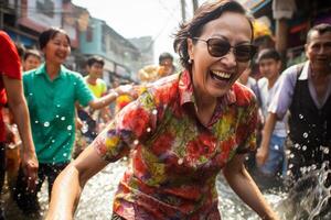 AI generated thai woman playing water in songkran festival bokeh style background with generative ai photo