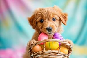 AI generated a cute puppy with colorful pastel easter eggs basket with generative ai photo