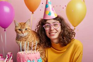 ai generado un mujer celebrando su gato cumpleaños con generativo ai foto