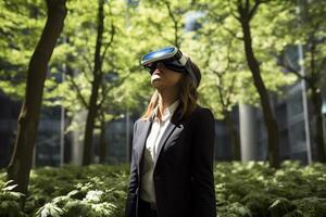 AI generated businesswoman wearing vr glasses looking at nature view bokeh style background with generative ai photo