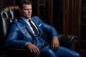 AI generated businessman model wearing blue suit sitting on the chair with Generated AI photo