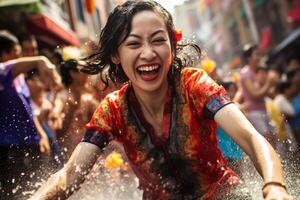 AI generated thai woman playing water in songkran festival bokeh style background with generative ai photo