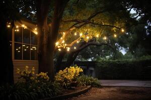 AI generated a string of lights hanging on the tree bokeh style background with generative ai photo
