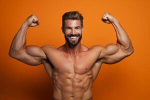 AI generated fitness man show his muscles on orange background with Generative AI photo