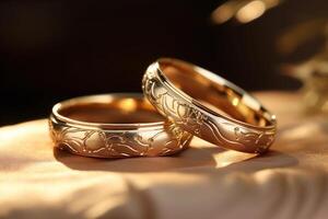 AI generated close up of two gold wedding rings bokeh style background with Generated AI photo