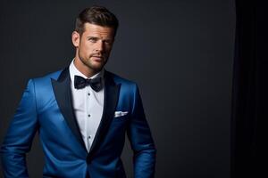 AI generated handsome man model wearing blue tuxedo bokeh style background with Generated AI photo