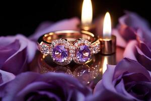 ai generado Rosa oro y púrpura piedra preciosa anillo bokeh estilo antecedentes con generado ai foto