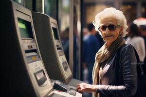 AI generated an old woman using an atm machine bokeh style background with generative ai photo