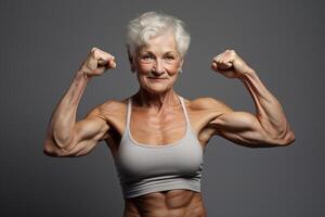 AI generated an elderly woman show her muscle on dark background with Generative AI photo