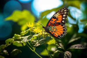 AI generated yellow butterfly sitting on green plant leaves bokeh style background with Generated AI photo