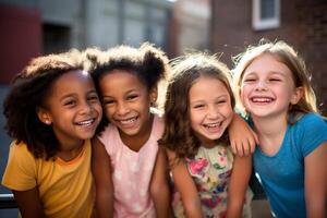 ai generado africano y americano joven muchachas sonriente juntos diversidad concepto con generativo ai foto