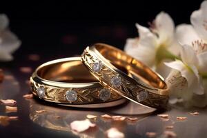 AI generated close up of two gold wedding rings and flowers around bokeh style background with Generated AI photo