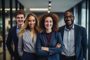 AI generated business teamwork smiling in the office bokeh style background with Generated AI photo