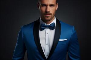 AI generated handsome man model wearing blue tuxedo bokeh style background with Generated AI photo