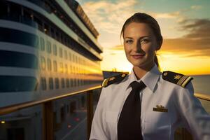 AI generated a female captain standing in front of the ship bokeh style background with Generated AI photo