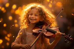 ai generado joven niña jugando violín bokeh estilo antecedentes con generativo ai foto