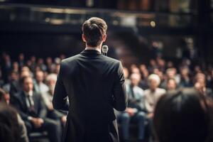 ai generado un hombre Hablando en frente de multitud personas bokeh estilo antecedentes con generativo ai foto