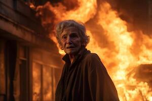 ai generado un antiguo mujer en pie en frente de un ardiente edificio bokeh estilo antecedentes con generativo ai foto