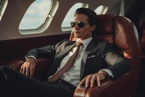 AI generated businessman sitting on private jet bokeh style background with Generated AI photo