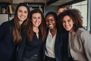 AI generated business teamwork smiling in the office bokeh style background with Generated AI photo
