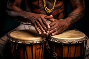 AI generated close up of hands playing drum with Generated AI photo