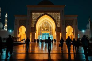 ai generado personas en un mezquita a el noche con generativo ai foto