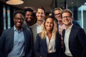 AI generated business teamwork smiling in the office bokeh style background with Generated AI photo