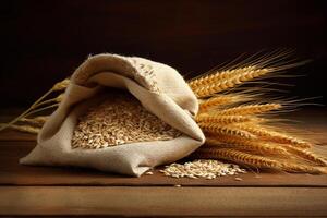 AI generated wheat grain bag on wood table with generative ai photo