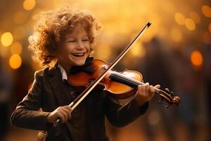 AI generated young boy playing violin bokeh style background with Generative AI photo