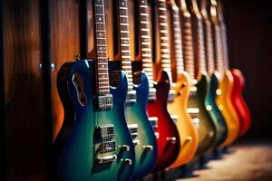 AI generated several of electric guitars bokeh style background with Generative AI photo