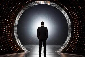 AI generated a businessman standing in front of an illuminated tunnel with generative ai photo