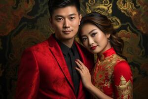 AI generated chinese couple in traditional clothes with generative ai photo