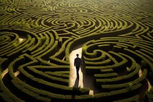 AI generated businessman walking in the maze of bushes with generative ai photo