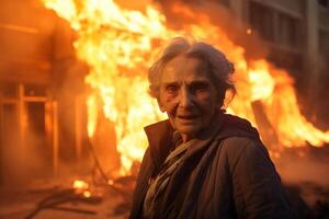 AI generated an old woman standing in front of a burning building bokeh style background with Generative AI photo