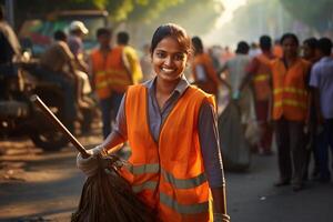ai generado un hembra calle barrendero trabajador sonriente bokeh estilo antecedentes con generativo ai foto