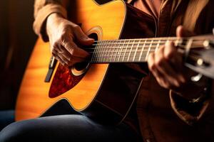 AI generated close up of hands playing an acoustic guitar bokeh style background with Generated AI photo