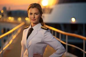 AI generated a female captain standing in front of the ship bokeh style background with Generated AI photo