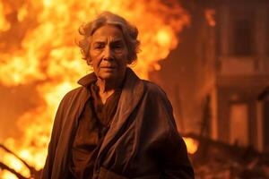 AI generated an old woman standing in front of a burning building bokeh style background with Generative AI photo