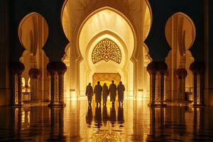 ai generado personas en un mezquita a el noche con generativo ai foto