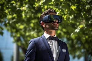 AI generated businessman wearing vr glasses looking at nature view bokeh style background with generative ai photo