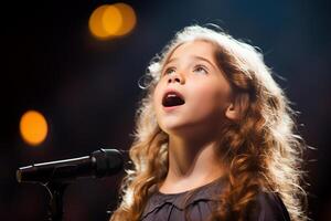 AI generated a young girl singing on the stage bokeh style background with Generated AI photo