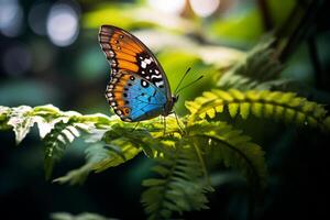 ai generado azul y amarillo mariposa sentado en verde planta hojas bokeh estilo antecedentes con generado ai foto