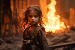 ai generado un joven niña en pie en frente de un ardiente edificio bokeh estilo antecedentes con generativo ai foto