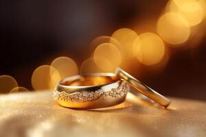 AI generated close up of two gold wedding rings bokeh style background with Generated AI photo