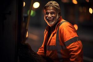 ai generado un masculino calle barrendero trabajador sonriente bokeh estilo antecedentes con generativo ai foto