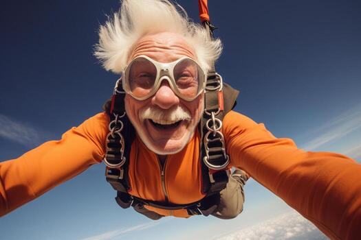 AI generated an old man taking a selfie while skydiving with Generated AI photo