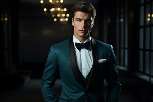 AI generated handsome man model wearing blue tuxedo bokeh style background with Generated AI photo