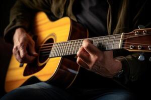 ai generado cerca arriba de manos jugando un acústico guitarra bokeh estilo antecedentes con generado ai foto